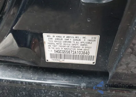 2002 Honda Accord 2.3 Ex from USA, damaged, VIN 1HGCG55672A103840